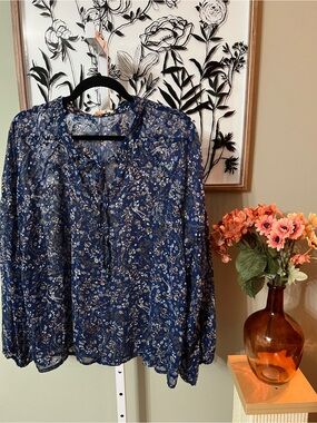 Three Dots Navy Blue Floral Semi-Sheer Lightweight Peasant Boho Blouse Size XL